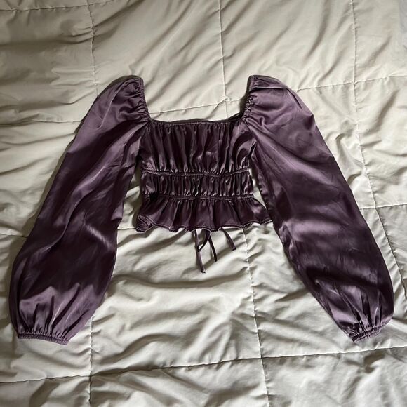 Y2K Purple Mixed Threads Los Angeles Satin Long Sleeves Tie Front Crop Top - Picture 4 of 8